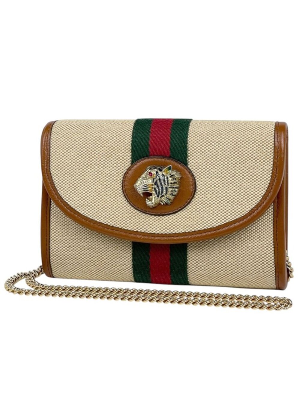 Gucci Shoulder Bag Rajah Tiger Head Web Canvas Beige Brown